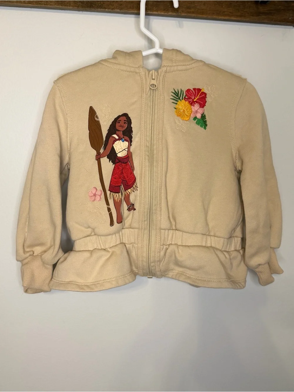 Disney Moana Girls Zip-Up Hoodie Size 2T Beige Floral Embroidered Peplum